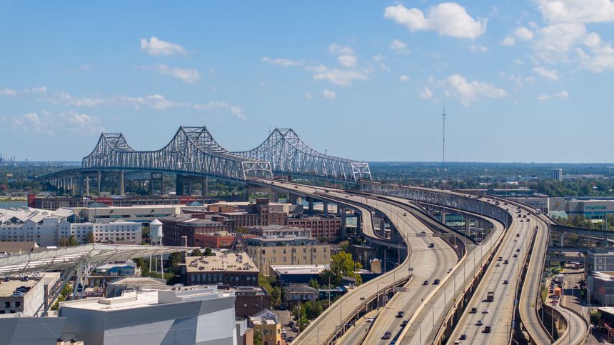 Crescent City Connection Bridge in New Orleans, Louisiana. Drone Shot