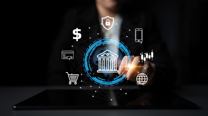 This image showcases a digital banking concept highlighting security and financial data visualization, illustrating modern technology's role in finance and transactions.
