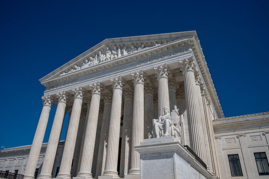 Close-up of the United States Supreme Court building on a sunny day