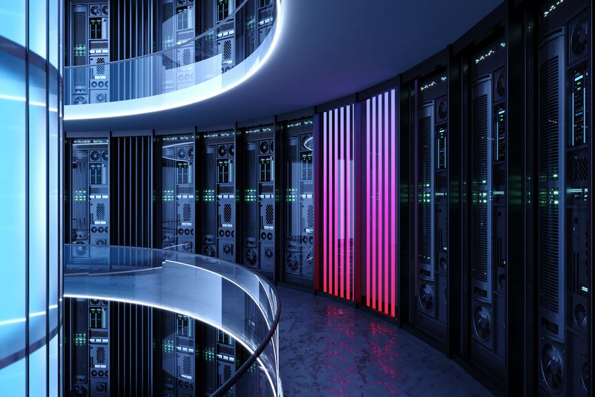 3d illustration. Sleek, futuristic interior of a modern data center with rows of server racks, glass railings, and cool blue, white lighting. Concept for cloud computing and big data storage.