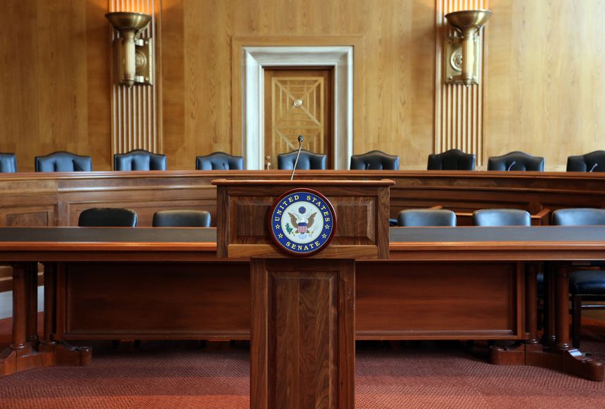 Washington, DC, USA - July 18, 2017: A United States Senate committee hearing room. The United States Senate is the upper chamber of the United States Congress.