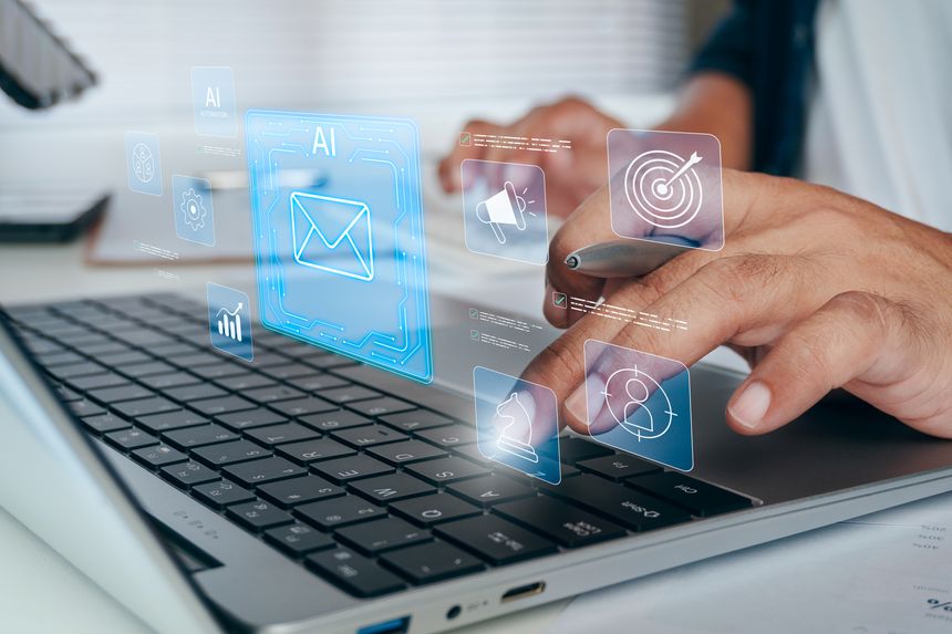 AI-powered email marketing automation concept, business professional using laptop, smart email campaign management, audience targeting, digital communication, marketing analytics, customer engagement