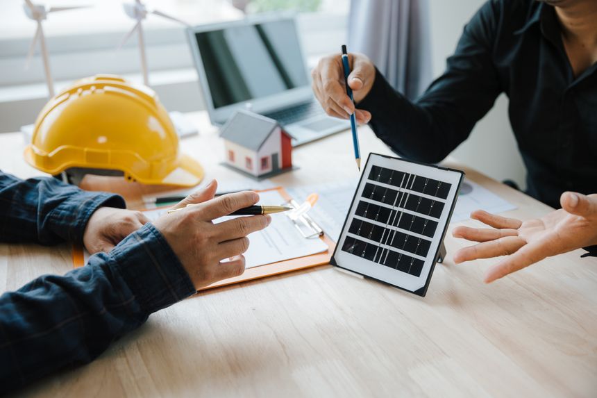 engineer and contractor planning to install solar panel on building rooftop
