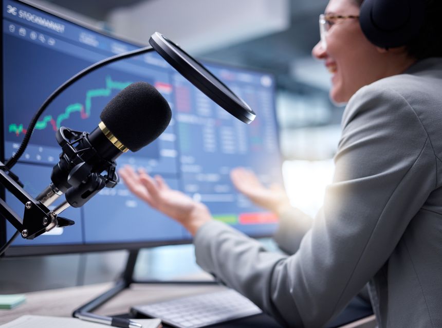 Stock market podcast, microphone and live streaming of investment growth with radio presenter. Fintech influencer, stocks chat and trading information communication of social media online speaker