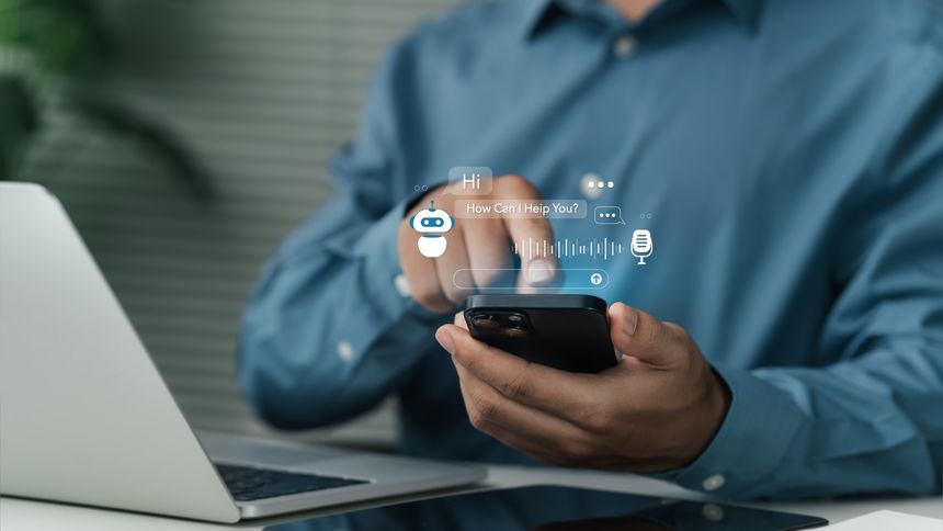 Chatbot Conversation and Digital Communication Artificial Intelligence and Technology Concepts CRM Automation Software Businessman Communicate and Search Information with Mobile Chatbot