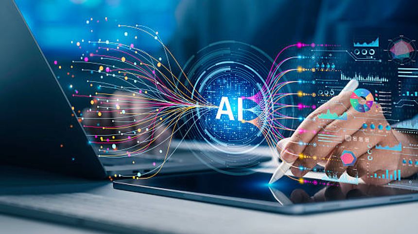 Data Science and Big Data Analytics concept. Analyst uses AI technology for Complex Data Analysis, Data mining, and Business analytics. Data flow,machine learning automation, and AI analytics system.