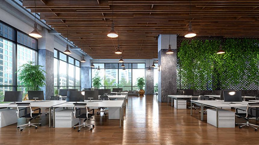Open office with view from a large windows interior. 3d illustration