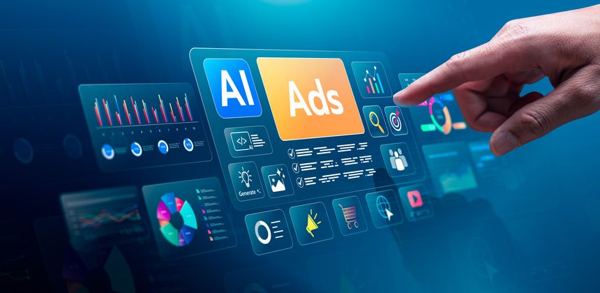 AI digital advertising dashboard concept with hand pointing to virtual ads interface showing marketing analytics audience targeting campaign optimization and ecommerce performance strategy