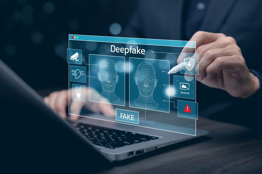 Deepfake detection concept with AI facial analysis interface, highlighting fake identity recognition, artificial intelligence security, digital fraud prevention, and media verification.