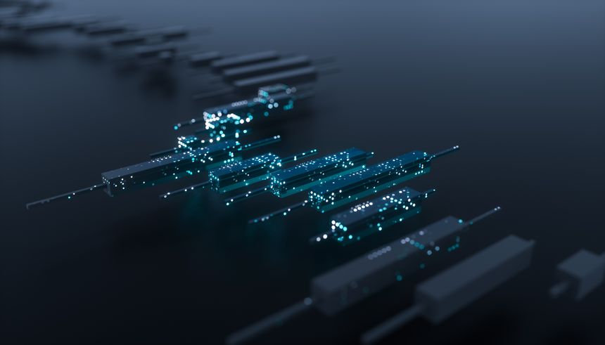 Futuristic candlestick trading chart with data points. AI financial market concept. 3d rendering