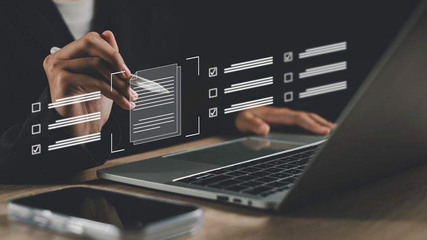 Corporate compliance management concept with digital checklist, document verification, regulatory compliance, governance controls, data security, risk assessment and audit process.