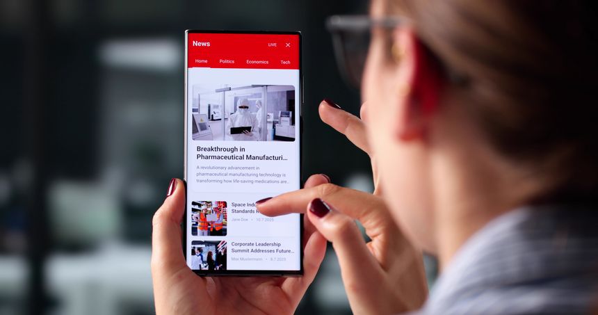 Woman Browsing Online News Headlines On Phone In Office Break. Young Woman Reading News Articles