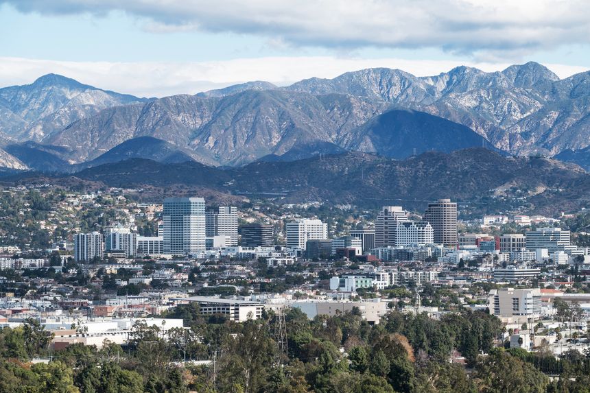 Downtown Glendale California and the San Gabriel Mountains near Los Angeles and Burbank California.