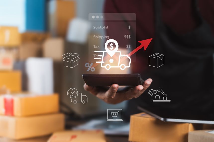 E-commerce seller reviewing shipping cost increase on tablet with digital logistics icons, highlighting shipping fees, tax, and automation in online business operations and delivery pricing strategy