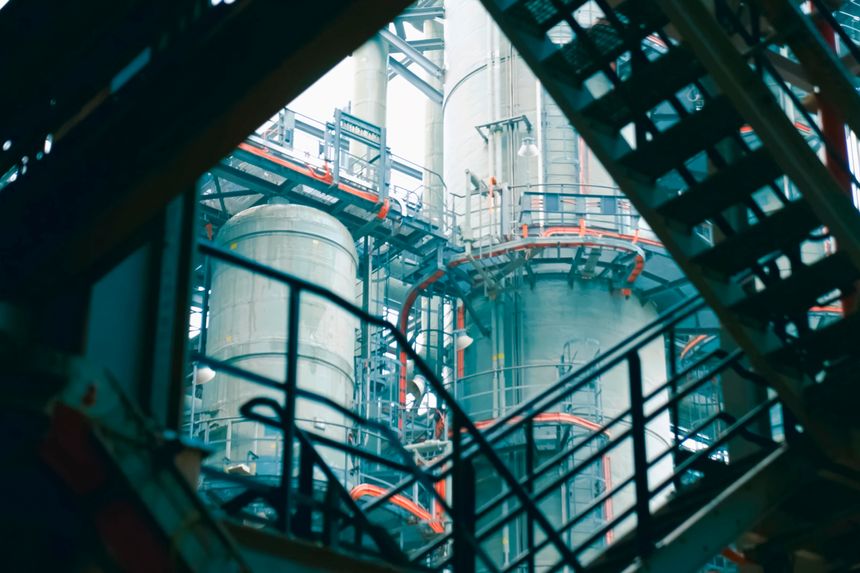 A complex system of pipes and assemblies in a plant for the production and treatment of liquefied natural gas