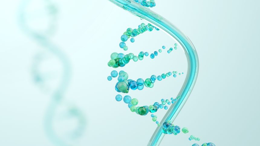 Marine DNA helix with molecular bubbles for skin repair. Salmon DNA extract PDRN technology for advanced cosmetic and biotech visuals. 3d illustration.