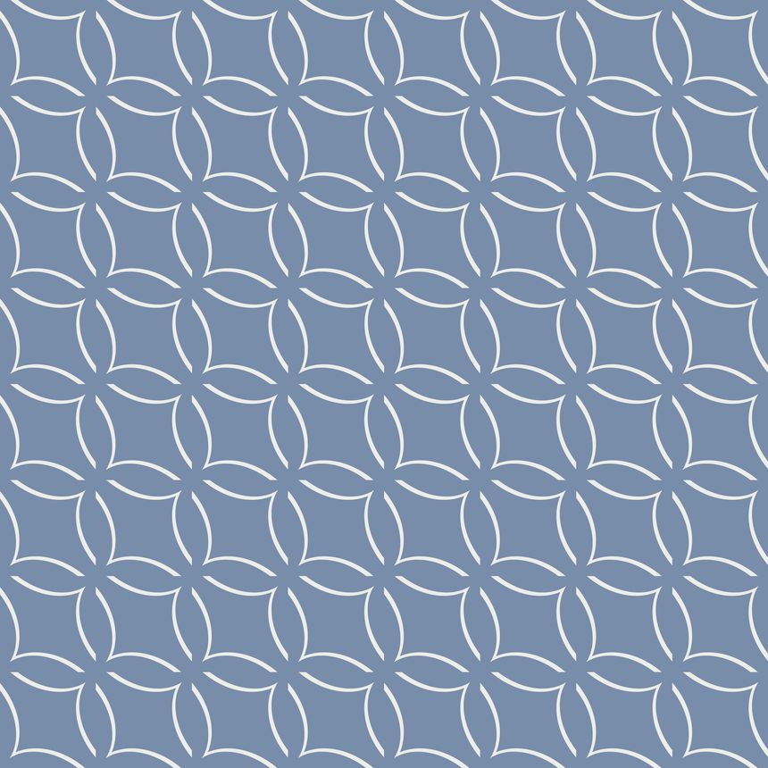 A geometric pattern composed of interlocking circles and diamonds is set against a dark gray background. The intricate design creates a sense of symmetry and repetition.