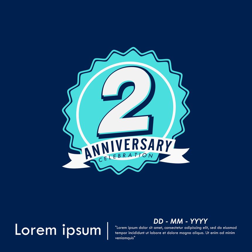 2nd years anniversary celebration emblem. congratulation anniversary blue medal logo isolated with ribbon on blue background. vector illustration template design for web banner