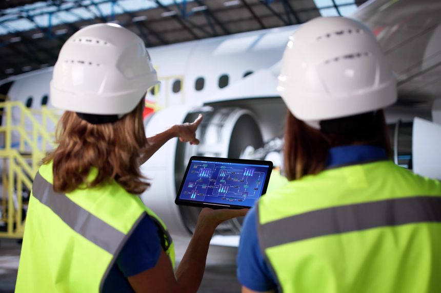 Technicians Using Scada System Aircraft Maintenance Hangar