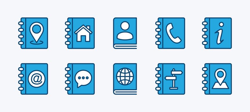 Set of address book icon. Contains map pin location, home place, phone information, contact person, directory, catalog, guide, web or website, info. Vector illustration