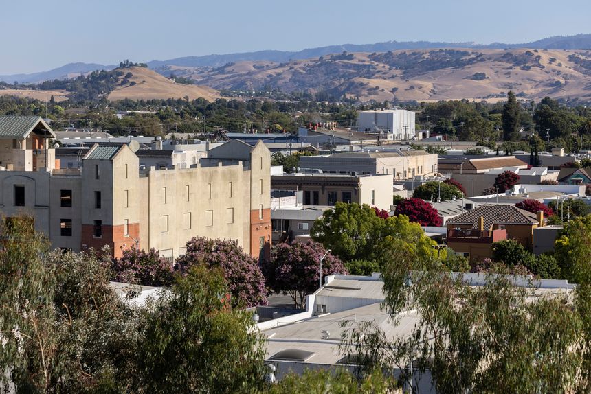 Hollister, California, USA - September 2, 2024: Afternoon light shines on buildings in the historic downtown district.