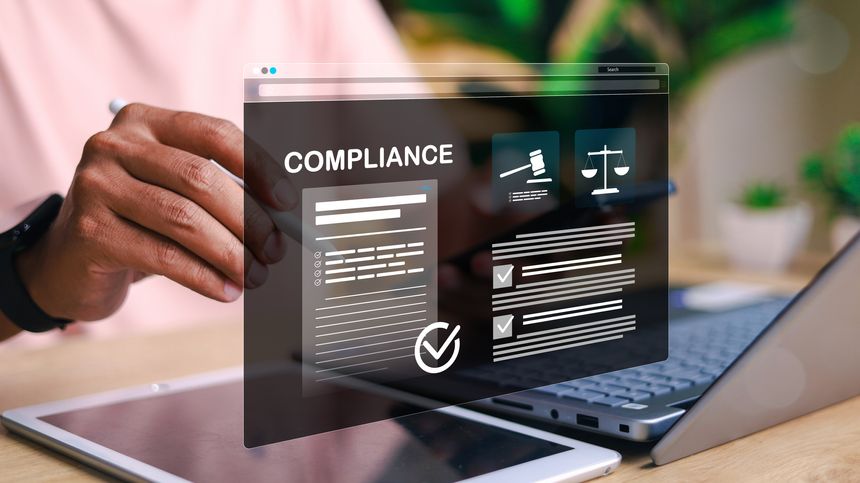 Digital compliance interface showing checklist, legal icons, and document validation on tablet screen. Ideal for governance, audit, regulation, and risk management concepts.