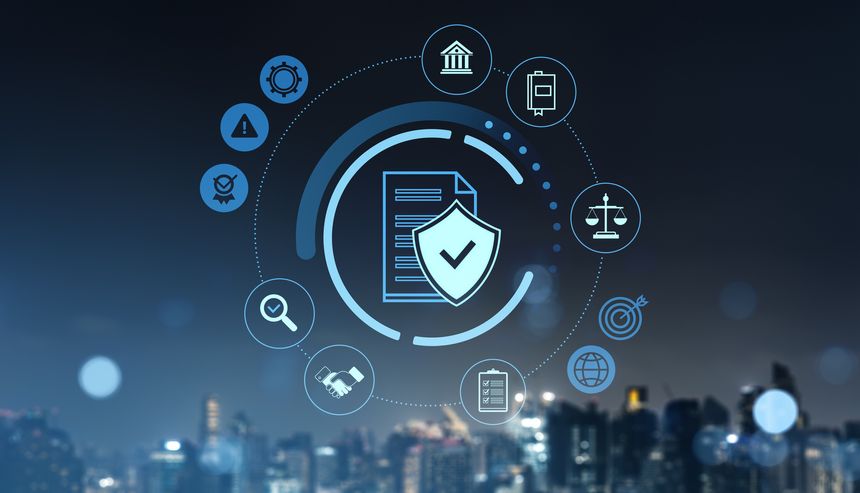 Document security and law compliance icons in digital interface style on a dark city skyline background, representing data protection concept