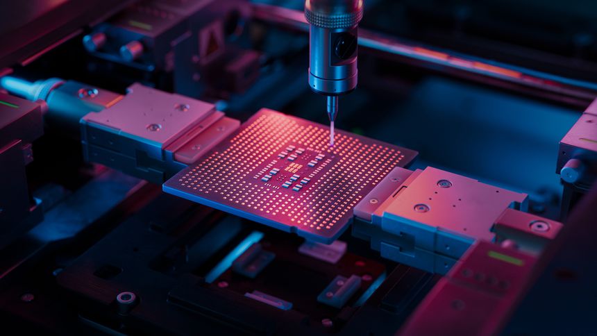 Advanced Microchip illuminated with Red Light in Industrial Environment. Computer Chip on Conveyor Line during Production and Packaging Process on Semiconductor Fab.