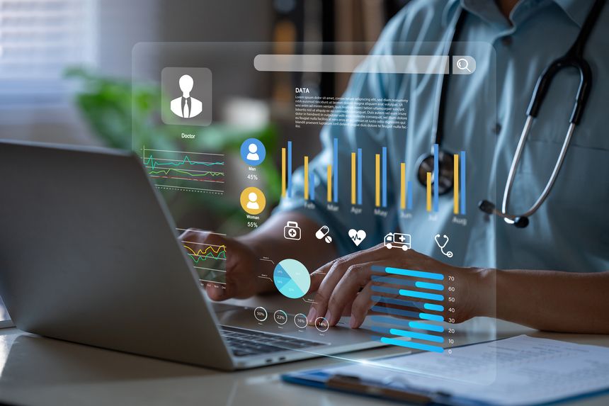 Data analysis concept, Medical professional analyzing patient data and intelligent healthcare monitoring.
