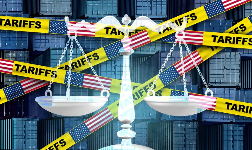 US Tariffs Legal Challenges and American laws in Economic Trade and tariff tax legislation as government policy and import export agreements as justice scale political economic policies.