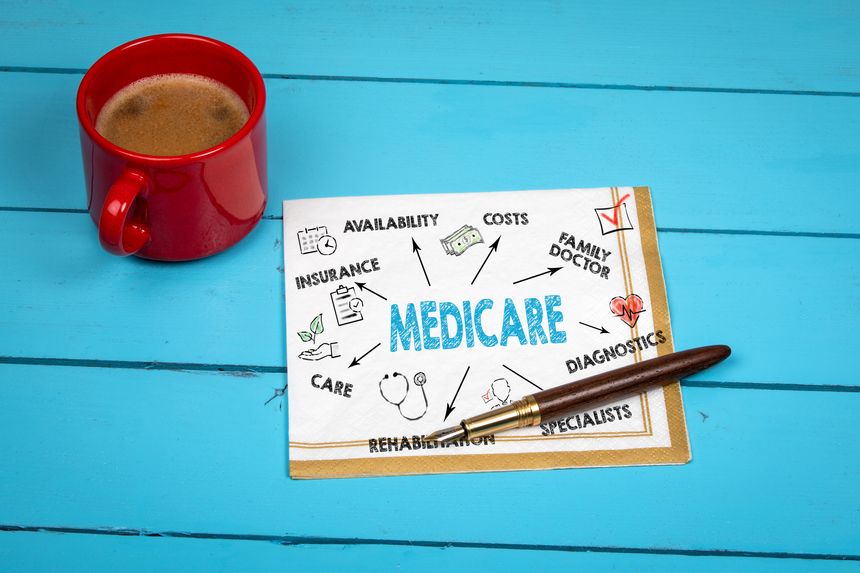 Coffee Beside Notes Featuring MEDICARE With Healthcare Topics and Planning Priorities on Blue Table.