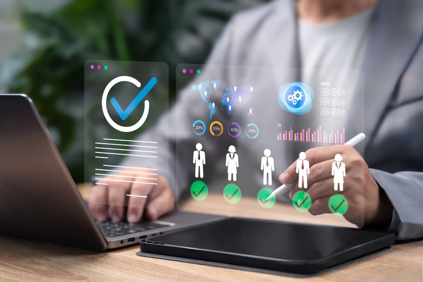 AI Leadership Selection Concept, Businessman Using Artificial Intelligence for HR Recruitment, Data Analytics, Identifying Quality Team Leaders, Workforce Evaluation, Corporate Human Resource Strategy