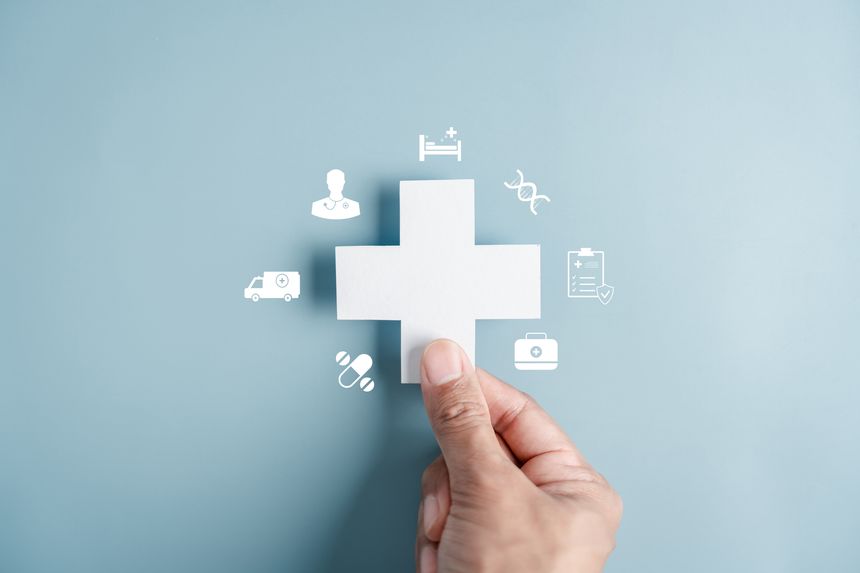 Healthcare insurance and medical coverage concept. white medical cross health protection, treatment access, and reliable healthcare services.