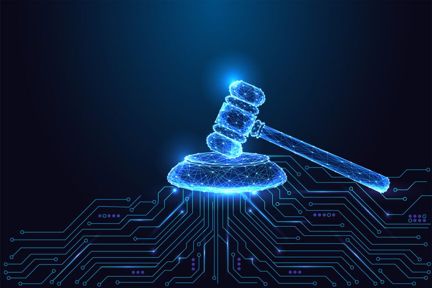Concept of AI ethics, legal tech, digital justice. Judge gavel with circuit board on dark blue background. Futuristic polygonal vector illustration for governance, regulation, law, AI responsibility