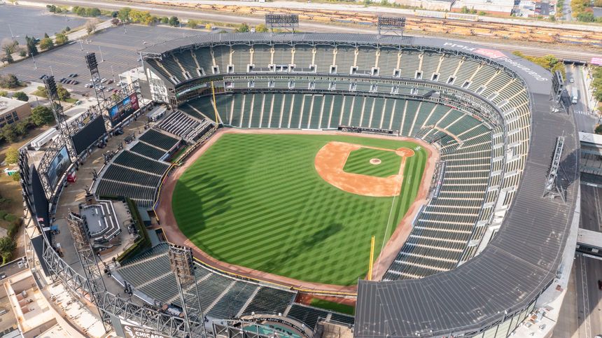 Chicago, IL, USA - August 13, 2024: An aerial view of the MLB's Chicago White Sox's Guaranteed Rate Field. The baseball stadium has had many name changes over the years but is best known for Comisky.