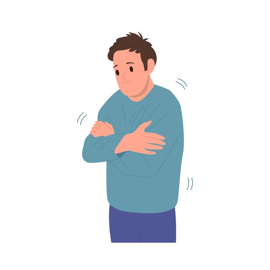 Sad upset man cartoon character trembling shivering body rubbing shoulders with hand feeling freezing, cold and chilly vector illustration isolated on white. Problem with heating at home or office