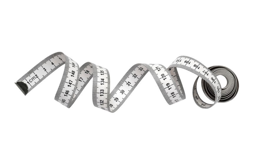 Black and white unraveled tape measure in centimeters isolated cutout on white background