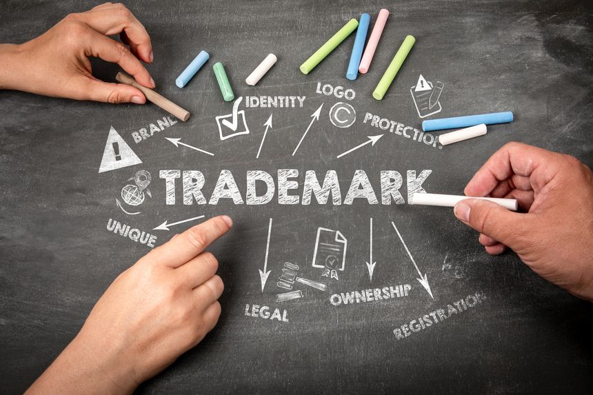 Trademark Protection and Brand Identity Concept on Chalkboard.