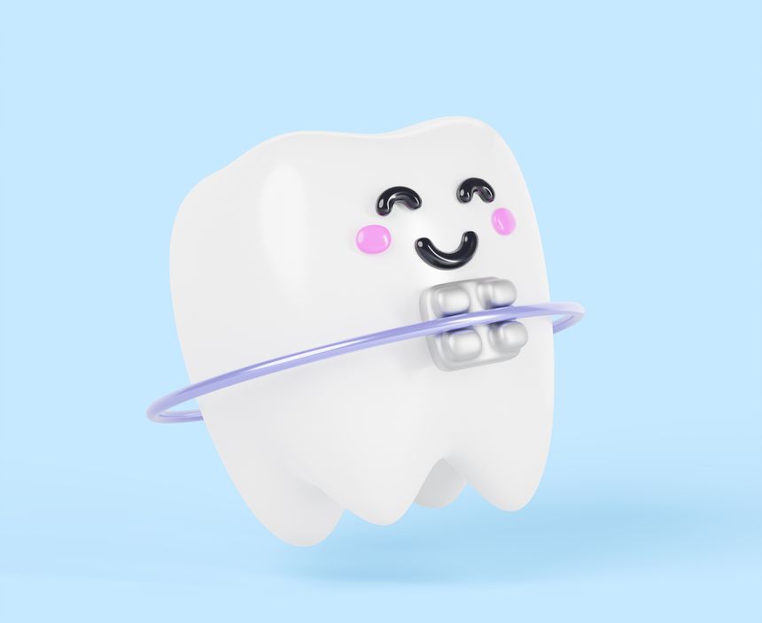 Teeth with plastic or ceramic dental braces 3d render icon. Cartoon smiling kawaii character, baby tooth with brackets and metal arch wire on blue background. Orthodontic treatment. 3D illustration
