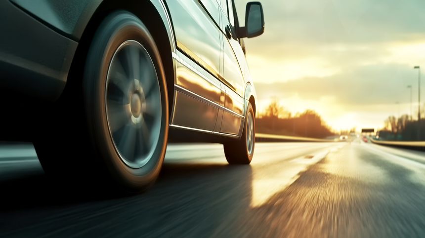 Low angle side view of car rushes along the highway at sunset