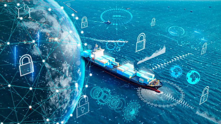 Future Supply Chain cyber security container smart port. Ocean Carriers, Freight marine cargo ship AI technology logistics tracking digital automation freight networks. Big Data risk mitigation industry transportation trade navigating shipping