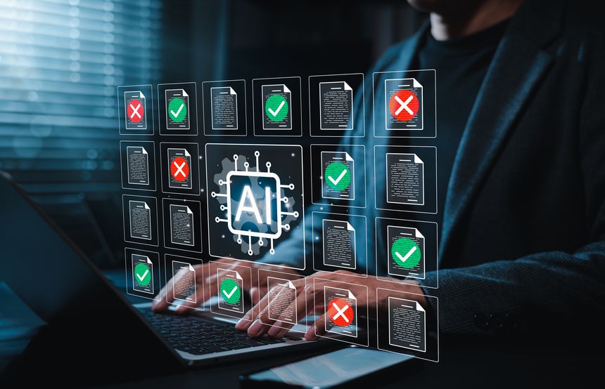 AI document review automation and compliance validation concept. Person using laptop with document files, green approval checks, red rejection marks, quality control, audit workflow, digital accuracy
