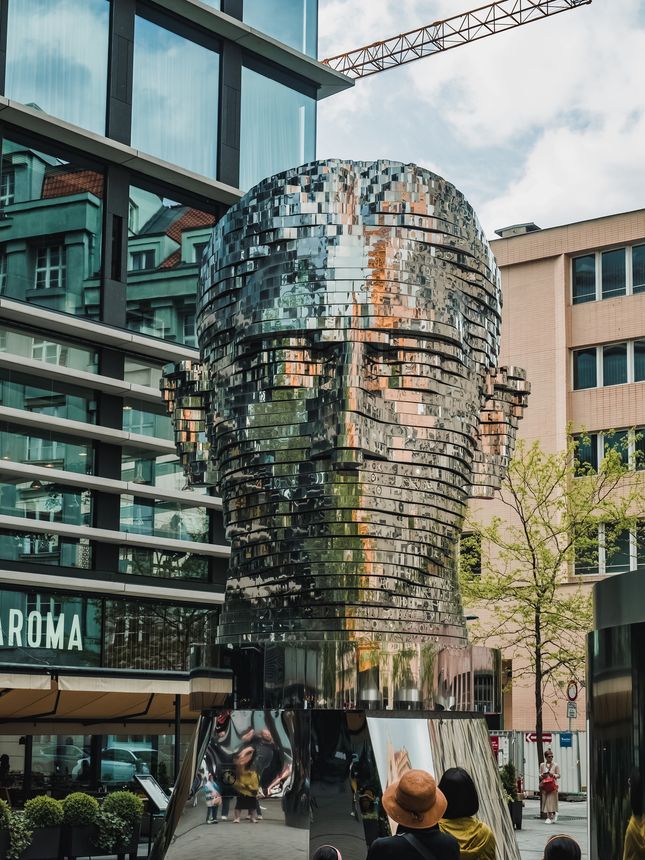 Prague, Czech Republic - 05 12 2023: Head of Franz Kafka in Prague. Statue of Kafka