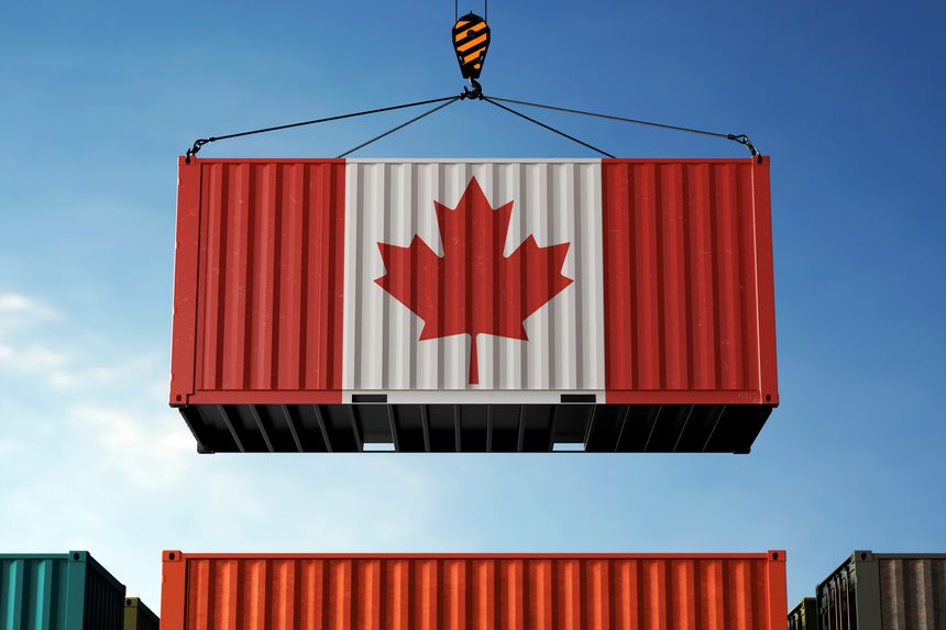 Canada trade cargo container hanging against clouds background