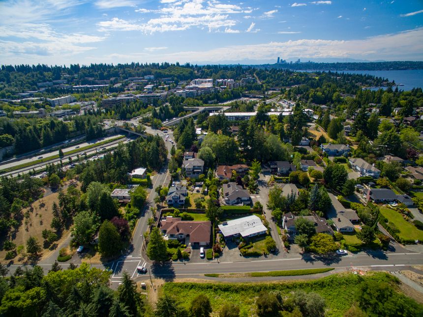 Mercer Island, Washington Aerial View of the City and Interstate 90 Highway, City of Seattle Skyline Background