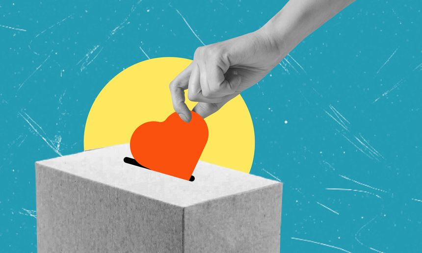 Contemporary art art collage with hand with heart, putting in a box. Concept of love and romance.