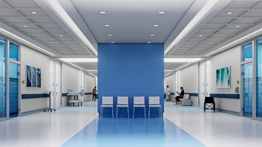 3D rendering of a hospital interior with lots of copy space