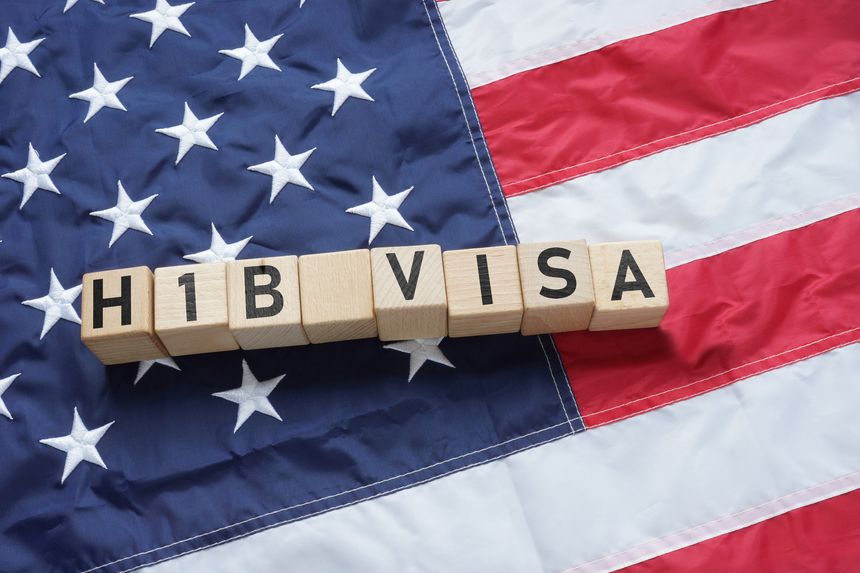 H1B visa is shown using a text and flag of USA