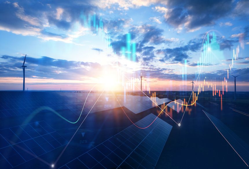 Increase or rising in electricity prices on the world market. Photovoltaic power station with double exposure of digital financial chart graphs and stock market.Green energy in full development