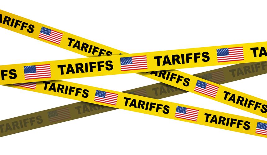 American tariffs and US flag on yellow caution line isolated on white background